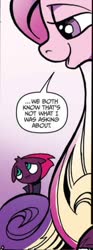 Size: 281x758 | Tagged: safe, artist:andypriceart, idw, official comic, fizzlepop berrytwist, princess cadance, tempest shadow, alicorn, pony, unicorn, g4, spoiler:comic, spoiler:comic68, broken horn, cropped, cute, duo, female, gradient background, horn, mare, speech bubble, tempest's tale, tempestbetes