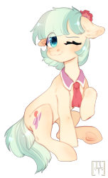 Size: 1829x3000 | Tagged: safe, artist:rizzych, coco pommel, earth pony, pony, g4, eye clipping through hair, female, floppy ears, high res, mare, one eye closed, raised leg, simple background, sitting, solo, transparent background, wavy mouth