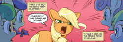 Size: 927x318 | Tagged: safe, artist:caseycoller, idw, official comic, apple bumpkin, applejack, gala appleby, lavender fritter, red gala, earth pony, pony, g4, spoiler:comic, spoiler:comic85, angry, apple family member, female, filly, filly applejack, foal, open mouth, red background, simple background, speech bubble, younger