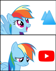 Size: 477x612 | Tagged: safe, rainbow dash, pegasus, pony, g4, coppa, happy, harsher in hindsight, reaction image, sad, vlare, youtube, youtube kids shit