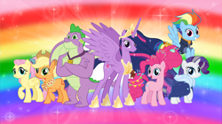 Size: 5360x3008 | Tagged: safe, artist:andoanimalia, applejack, fluttershy, pinkie pie, rainbow dash, rarity, spike, twilight sparkle, alicorn, dragon, earth pony, pegasus, pony, unicorn, g4, the last problem, absurd resolution, buff spike, gigachad spike, jewelry, looking at you, mane seven, mane six, older, older applejack, older fluttershy, older mane seven, older mane six, older pinkie pie, older rainbow dash, older rarity, older spike, older twilight, older twilight sparkle (alicorn), princess twilight 2.0, rainbow background, regalia, removed eyebag edit, twilight sparkle (alicorn), winged spike, wings