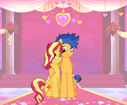 Size: 695x572 | Tagged: safe, artist:bc-ls, flash sentry, sunset shimmer, pegasus, pony, unicorn, g4, female, hug, looking at each other, male, mare, ship:flashimmer, shipping, stallion, straight, winghug