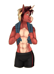 Size: 1174x1603 | Tagged: safe, artist:blackblood-queen, oc, oc only, oc:firefall, unicorn, anthro, unguligrade anthro, abs, anthro oc, clothes, digital art, male, multicolored hair, muscles, nudity, partial nudity, short hair, simple background, smiling, solo, sports shorts, stallion, sweat, toned, topless, towel, transparent background