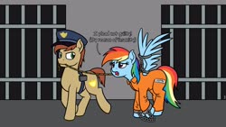 Size: 3840x2160 | Tagged: safe, artist:mkogwheel, rainbow dash, pegasus, pony, g4, bound wings, clothes, commission, commissioner:rainbowdash69, cuffs, high res, jail, leash, never doubt rainbowdash69's involvement, police officer, prison, prison outfit, prisoner rd, rope, walking, wing cuffs, wings