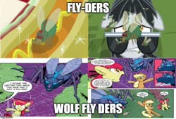 Size: 736x499 | Tagged: safe, artist:caseycoller, edit, edited screencap, idw, screencap, apple bloom, applejack, withers, fly, fly-der, hybrid, insect, spider, wolf, wolf fly-der, campfire tales, daring doubt, g4, spoiler:comic, spoiler:comic85, caption, carrot, carrot dog, comic, food, henchmen, image macro, male, nope, stallion, text, wide eyes
