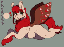 Size: 2252x1646 | Tagged: safe, artist:slimeprnicess, oc, oc only, oc:paprika, moth, mothpony, original species, color palette, moth wings, prone, reference sheet, solo, text, wings
