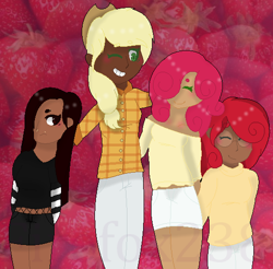 Size: 532x524 | Tagged: safe, artist:firefox238, applejack, strawberry sunrise, oc, oc:apple berry, oc:white lilly, human, icey-verse, g4, applerise, blushing, clothes, commission, dark skin, ear piercing, earring, eyebrow piercing, eyes closed, family, female, fishnet clothing, flannel, food, glasses, grin, hair over one eye, humanized, jeans, jewelry, lesbian, lip piercing, magical lesbian spawn, mother and child, mother and daughter, nose piercing, nose ring, offspring, one eye closed, pants, parent:applejack, parent:strawberry sunrise, parents:applerise, piercing, shipping, shirt, shorts, siblings, sisters, smiling, strawberry, sweater, wink