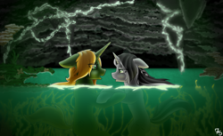Size: 3500x2140 | Tagged: safe, artist:sevenserenity, oc, oc only, oc:bullet storm, oc:dragon storm, pony, unicorn, bioluminescent, cave, complex background, duo, eye contact, high res, holding hooves, looking at each other, mushroom, plants, shipping, vine, water, wet mane