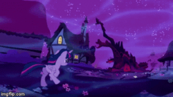 Size: 360x202 | Tagged: safe, screencap, twilight sparkle, alicorn, pony, do princesses dream of magic sheep, g4, animated, butt, dream, female, gif, golden oaks library, horn, house, imgflip, library, magic, mare, plot, running, solo, twilight sparkle (alicorn), wings
