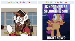 Size: 486x267 | Tagged: safe, edit, edited screencap, screencap, pipsqueak, scootaloo, pony, derpibooru, g4, sleepless in ponyville, caption, image macro, juxtaposition, juxtaposition win, meme, meta, subtitles, text, the pirates band of misfits, well yes but actually no