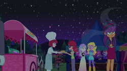Size: 1920x1080 | Tagged: safe, screencap, alizarin bubblegum, ginger owlseye, puffed pastry, sandy cerise, snow flower, equestria girls, equestria girls specials, g4, my little pony equestria girls: better together, my little pony equestria girls: sunset's backstage pass, chef's hat, churros, fedora, female, food, food stand, hat, puffed pastry's churro stand