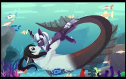 Size: 1920x1212 | Tagged: safe, artist:spookyle, oc, oc:jellan, oc:moonlit breeze, kirin, leviathan, monster pony, seahorse, blushing, bubble, coral, crepuscular rays, digital art, dorsal fin, female, fin, fins, fish tail, flowing mane, flowing tail, kirin oc, lidded eyes, looking at each other, looking at someone, male, mare, ocean, rock, romance, scales, seaweed, shipping, smiling, smiling at each other, stallion, sunlight, swimming, tail, underwater, water