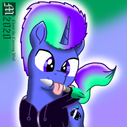 Size: 1800x1800 | Tagged: safe, artist:mrchaosthecunningwlf, artist:ponyvillechaos577, oc, oc only, oc:vivid piece, pony, unicorn, clothes, hoodie, icon, male, paint brush tail, solo, stallion, tongue out