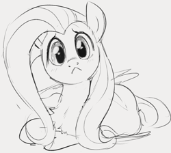 Size: 820x736 | Tagged: safe, artist:dotkwa, fluttershy, pegasus, pony, g4, :<, behaving like a cat, chest fluff, cute, female, fluttercat, grayscale, looking at you, mare, monochrome, shyabetes, simple background, solo, white background