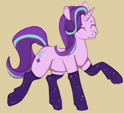 Size: 1873x1712 | Tagged: safe, artist:slimeprnicess, starlight glimmer, pony, unicorn, g4, blushing, clothes, cute, eyes closed, female, glimmerbetes, mare, simple background, smiling, socks, solo, tan background