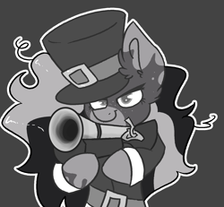 Size: 1425x1314 | Tagged: safe, artist:northwindsmlp, oc, oc only, oc:chocolate milk, earth pony, pony, grayscale, gun, hat, monochrome, musket, pilgrim outfit, rifle, solo, weapon