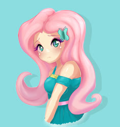 Size: 3776x4000 | Tagged: safe, artist:nin10ja, fluttershy, human, equestria girls, equestria girls series, g4, blue background, blushing, clothes, colored pupils, cute, dress, female, high res, human coloration, humanized, shyabetes, simple background, solo