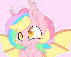 Size: 1865x1500 | Tagged: safe, artist:northwindsmlp, oc, oc only, oc:paper stars, bat pony, pony, bat pony oc, bust, chest fluff, colored pupils, ear fluff, ethereal mane, fangs, female, mare, multicolored hair, pink background, rainbow hair, simple background, solo, starry mane