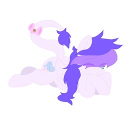 Size: 768x768 | Tagged: safe, artist:xsugarkittyx, oc, oc only, pegasus, pony, bow, eye clipping through hair, leonine tail, prone, simple background, solo, tail bow, white background