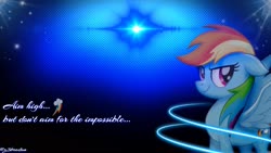 Size: 1920x1080 | Tagged: safe, artist:z3bradan, rainbow dash, pegasus, pony, g4, my little pony: the movie, blue background, cutie mark, dark, female, inspiration, lens flare, neon, quote, simple background, smiling, solo, stars, wallpaper
