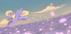 Size: 2872x1392 | Tagged: safe, artist:mirtash, derpy hooves, pegasus, pony, g4, female, field, floppy ears, looking back, mare, running, solo