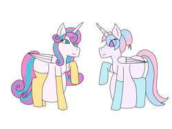 Size: 2048x1536 | Tagged: safe, artist:mintymelody, princess flurry heart, oc, oc:bundle joy, alicorn, pony, g4, adult, alicornified, clothes, duo, duo female, female, looking at each other, multiple pregnancy, older, older flurry heart, pregnant, race swap, raised hoof, socks