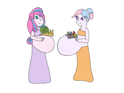Size: 2048x1536 | Tagged: safe, artist:mintymelody, princess flurry heart, whammy, oc, oc:bundle joy, human, equestria girls, g4, adult, belly button, breasts, clothes, cupcake, duo, duo female, female, food, hand on belly, looking at each other, multiple pregnancy, older, older flurry heart, pregnant, pregnant equestria girls, socks, stretchmarks, tray