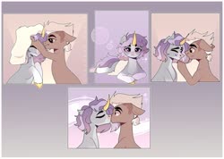 Size: 1280x912 | Tagged: safe, artist:arina-gremyako, oc, oc only, earth pony, pony, unicorn, abstract background, comic, curved horn, floppy ears, horn, kissing, towel