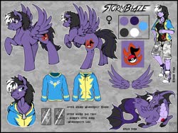 Size: 1024x771 | Tagged: safe, artist:stormblaze-pegasus, oc, oc only, oc:stormblaze, pegasus, pony, siren, equestria girls, g4, clothes, disguise, disguised siren, dog tags, fangs, female, fins, fish tail, gem, hoodie, mare, raised hoof, rearing, reference sheet, shorts, siren gem, spread wings, tomboy, wings