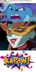 Size: 796x1561 | Tagged: safe, artist:mega-poneo, edit, edited screencap, screencap, trixie, pony, unicorn, g4, to where and back again, angry, comic, crossover, dialogue, female, floppy ears, gaogaigar final, kapow, king of braves gaogaigar, mare, mask, mulan, pillnus, punch, screencap comic, yao
