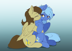 Size: 3508x2480 | Tagged: safe, artist:arctic-fox, oc, oc only, oc:static spark, oc:wind shear, pegasus, pony, cheek kiss, cute, female, high res, hug, hug from behind, kissing, mare, wings