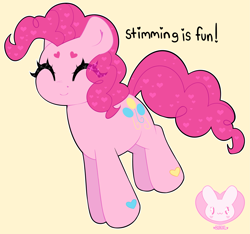Size: 3105x2912 | Tagged: safe, artist:bunxl, pinkie pie, earth pony, pony, g4, autism, autistic pinkie pie, eyes closed, female, high res, mare, neurodivergent, neurodivergent headcanon, positive ponies, simple background, solo, sparkly eyes, stimming, wingding eyes, yellow background