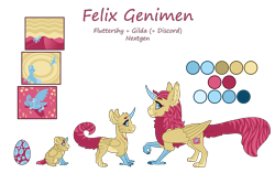 Size: 3500x2200 | Tagged: safe, artist:jackiebloom, oc, oc only, oc:felix genimen, hippogriff, hybrid, colored horn, high res, horn, interspecies offspring, magical lesbian spawn, male, offspring, parent:fluttershy, parent:gilda, parents:gildashy, reference sheet, simple background, solo, transparent background, unicorn horn