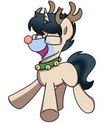 Size: 750x825 | Tagged: safe, artist:sugar morning, oc, oc only, oc:invictus europa, pony, unicorn, antlers, bell, bell collar, bells, collar, eyes closed, female, glasses, mare, rudolph nose, solo
