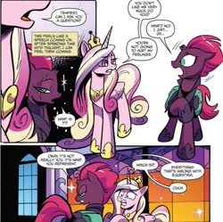 Size: 997x992 | Tagged: safe, artist:andypriceart, official comic, fizzlepop berrytwist, princess cadance, tempest shadow, alicorn, pony, unicorn, g4, idw, spoiler:comic, spoiler:comic67, broken horn, comic, cropped, duo, eye scar, female, horn, hypocrisy, mare, ouch, savage, scar, speech bubble, tempest's tale