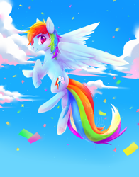 Size: 1600x2037 | Tagged: safe, artist:kitsukithefox, rainbow dash, pegasus, pony, g4, cloud, confetti, female, flying, gradient background, looking at you, raised hoof, sky, solo