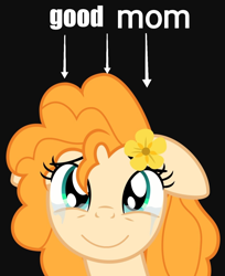 Size: 1080x1322 | Tagged: safe, artist:sollace, edit, edited edit, pear butter, earth pony, pony, g4, black background, crying, female, low effort, shitposting, show accurate, simple background, smiling, solo, tears of joy, teary eyes, vector