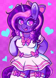 Size: 800x1117 | Tagged: safe, artist:dolcisprinkles, oc, oc only, oc:sweet bouquet, unicorn, anthro, anthro oc, blaze (coat marking), bow, breasts, clothes, coat markings, cute, dress, ear fluff, facial markings, female, hair bow, heart, heart eyes, looking at you, mare, ocbetes, ribbon, socks, solo, starry eyes, tattoo, thigh highs, wingding eyes