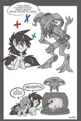 Size: 666x1000 | Tagged: safe, artist:thegamercolt, oc, oc:gamercolt, oc:nurse nimble, earth pony, fairy, pegasus, pony, comic, dexterous hooves, dialogue, female, fireplace, grayscale, hoof hold, male, mare, monochrome, mounted head, pan's labyrinth, partial color, simple background, stallion, three fingers, trophy, white background