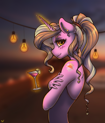 Size: 2937x3433 | Tagged: safe, artist:pitchyy, luster dawn, unicorn, anthro, alcohol, alternative cutie mark placement, beach, blushing, cute, delicious flat chest, drink, ear piercing, female, high res, looking at you, lusterbetes, magic, mare, piercing, profile, shoulder cutie mark, side view, smiling, solo, telekinesis