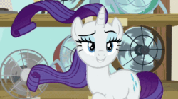 Size: 656x368 | Tagged: safe, screencap, mr breezy, rarity, pony, unicorn, g4, it isn't the mane thing about you, season 7, animated, fan, female, gif, mare, solo, talking, wind, windswept hair, windswept mane, windswept tail