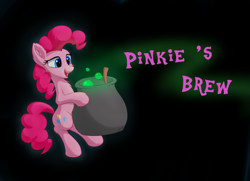 Size: 3695x2668 | Tagged: safe, artist:mercurysparkle, pinkie pie, earth pony, pony, friendship is witchcraft, pinkie's brew, g4, black background, cauldron, cute, diapinkes, female, high res, holding, pot, simple background, solo