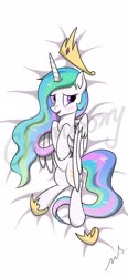 Size: 1584x3405 | Tagged: safe, artist:mercurysparkle, princess celestia, alicorn, pony, g4, bed, blushing, crown, female, jewelry, looking at you, mare, obtrusive watermark, on back, regalia, solo, watermark