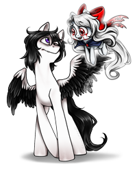 Size: 800x1000 | Tagged: safe, artist:skyrore1999, oc, oc only, oc:horror vacui, oc:tomoda shi, ghost, pegasus, pony, blood, bow, crying, happy, looking at each other, pegasus oc, ponysona, simple background, tears of blood, transparent background