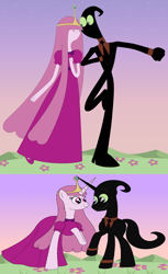 Size: 2232x3655 | Tagged: artist needed, source needed, safe, businessman, cartoon network, clothes, couple, dress, female, happy, high res, husband and wife, male, mare, nergal, nergal and princess bubblegum, princess bubblegum, shipping, stallion