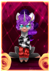 Size: 3508x4961 | Tagged: safe, artist:dankpegasista, oc, oc only, oc:vynarity, pony, unicorn, clothes, glasses, mucca, scarf, sitting, solo, sweater