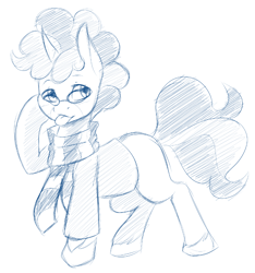 Size: 888x948 | Tagged: safe, artist:ambris, oc, oc:vynarity, pony, unicorn, clothes, commission, curly mane, curly tail, glasses, monochrome, mucca, scarf, sketch, sweater, tongue out, unshorn fetlocks