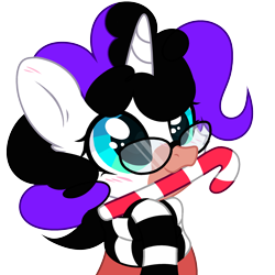 Size: 2800x2800 | Tagged: safe, artist:alfury, artist:mint-light, oc, oc only, oc:vynarity, pony, unicorn, base used, big eyes, blushing, bust, candy, candy cane, clothes, curly mane, female, food, glasses, high res, mare, mouth hold, mucca, nom, scarf, simple background, solo, sweater, transparent background, ych result