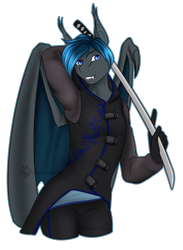 Size: 1174x1603 | Tagged: safe, artist:blackblood-queen, oc, oc only, bat pony, anthro, unguligrade anthro, anthro oc, bat pony oc, commission, digital art, fangs, katana, male, simple background, smiling, solo, stallion, sword, transparent background, weapon