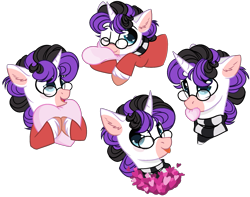 Size: 1941x1527 | Tagged: safe, artist:mercy, oc, oc only, oc:vynarity, pony, unicorn, blushing, bust, clothes, curly mane, ear fluff, glasses, hug, mucca, nom, pillow, pillow hug, portrait, scarf, simple background, solo, sweater, tongue out, transparent background, unshorn fetlocks, ych result